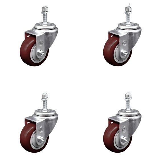 3 Inch SS Maroon Polyurethane Wheel Swivel 3/8 Inch Threaded Stem Caster Set SCC