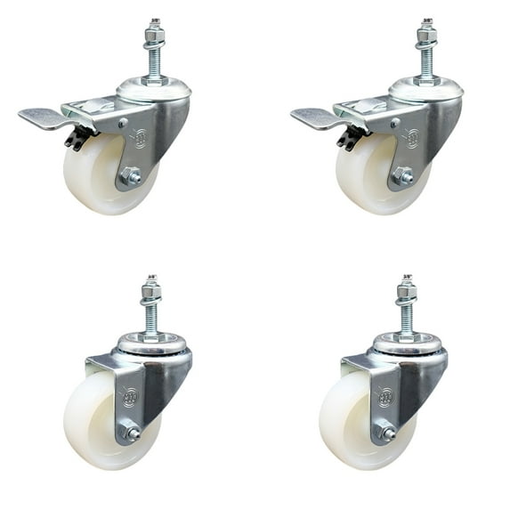 3 Inch SS Nylon Wheel 3/8 Inch Threaded Stem Caster Set 2 Total Lock Brake SCC