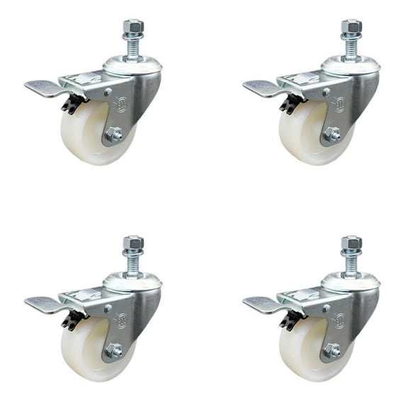 3 Inch SS Nylon Wheel Swivel 12mm Threaded Stem Caster Set Total Lock Brake