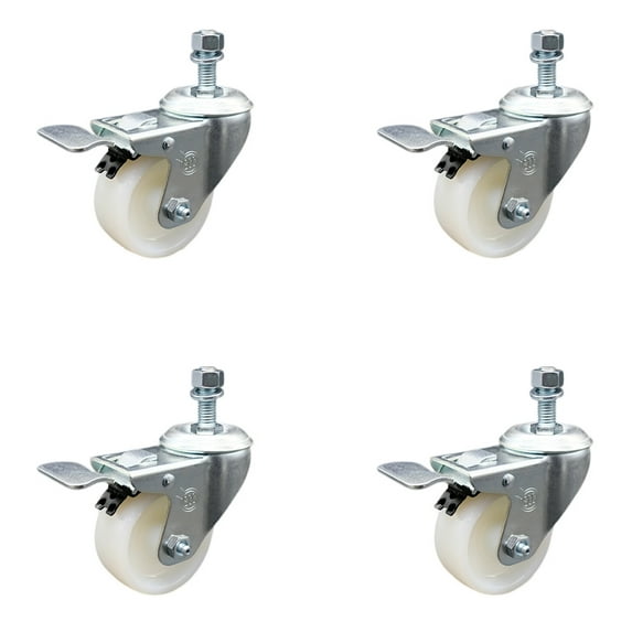 3 Inch SS Nylon Wheel Swivel ½ Inch Threaded Stem Caster Set Total Lock Brake
