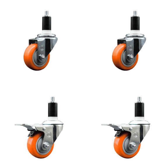 3 Inch SS Orange Poly Swivel 1-3/8 Inch Expanding Stem Caster Set 2 Brakes