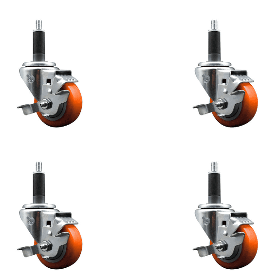 3 Inch SS Orange Poly Swivel 1 Inch Expanding Stem Caster Set with Brake SCC