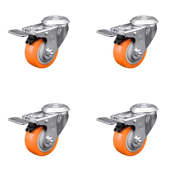 3 Inch SS Orange Polyurethane Swivel Bolt Hole Caster Set with Total Lock Brake