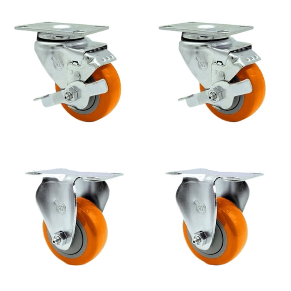 3 Inch SS Orange Polyurethane Top Plate Caster Set with 2 Brake 2 Rigid SCC