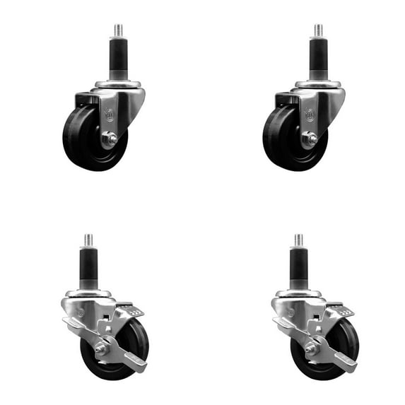 3 Inch SS Phenolic Wheel Swivel 1-1/8 Inch Expand Stem Caster Set 2 Brakes SCC