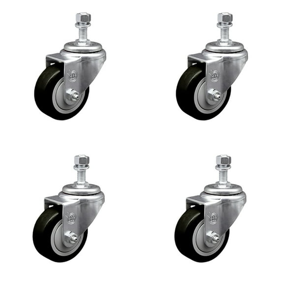 3 Inch Black Polyurethane Wheel Swivel ½ Inch Threaded Stem Caster Set SCC