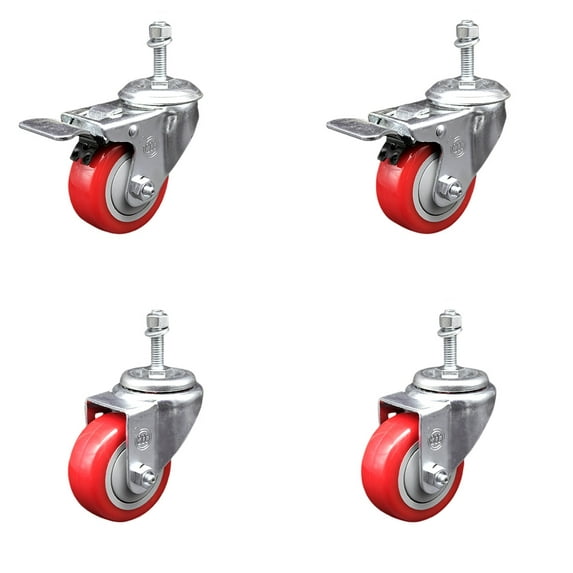 3 Inch SS Red Poly Swivel 3/8 Inch Threaded Stem Caster Set 2 Total Lock Brake