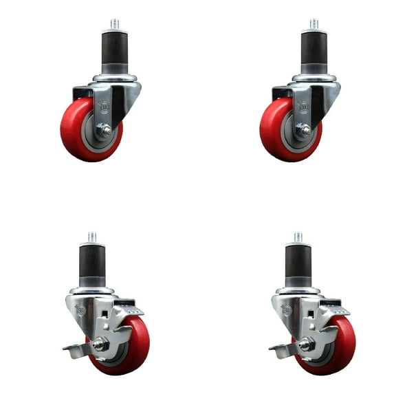 3 Inch SS Red Poly Wheel Swivel 1-5/8 Inch Expanding Stem Caster Set 2 Brakes