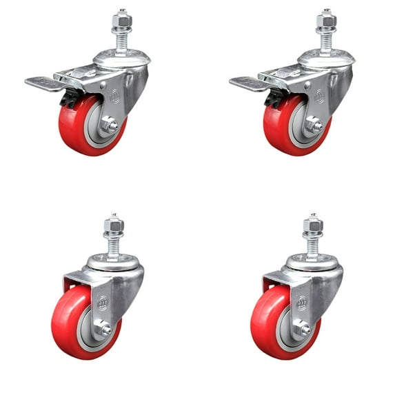3 Inch SS Red Polyurethane ½ Inch Threaded Stem Caster Set 2 Total Lock Brake