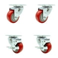 thumbnail image 1 of 3 Inch SS Red Polyurethane Swivel Top Plate Caster Set with 2 Brakes SCC, 1 of 2