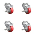 thumbnail image 1 of 3 Inch SS Red Polyurethane Wheel Swivel Bolt Hole Caster Set with Brake SCC, 1 of 2