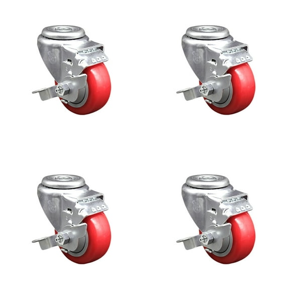 3 Inch SS Red Polyurethane Wheel Swivel Bolt Hole Caster Set with Brake SCC