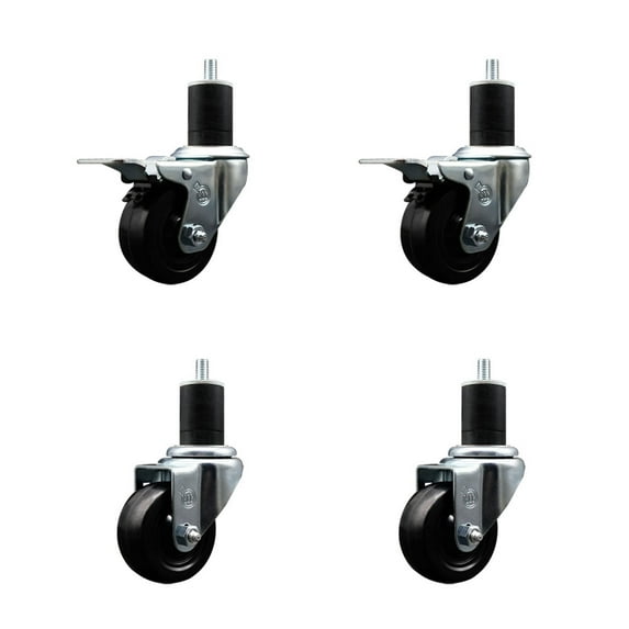 3 Inch SS Soft Rubber Swivel 1-3/4 Inch Expanding Stem Caster Set 2 Brakes
