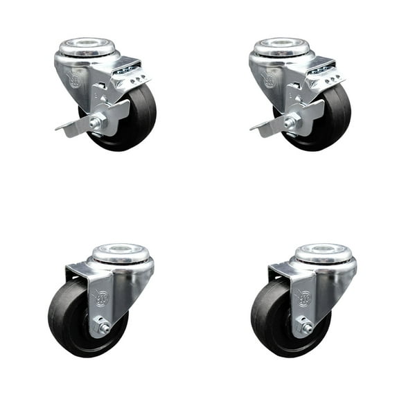 3 Inch SS Soft Rubber Wheel Swivel Bolt Hole Caster Set with 2 Brake SCC