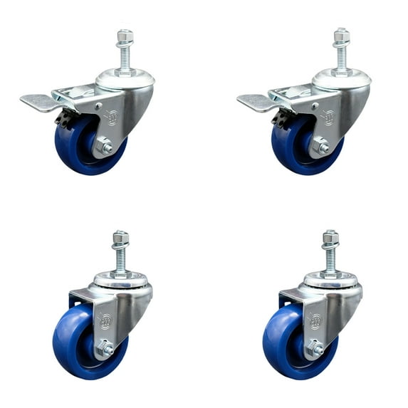 3 Inch SS Solid Poly 10mm Threaded Stem Caster Set 2 Total Lock Brake SCC