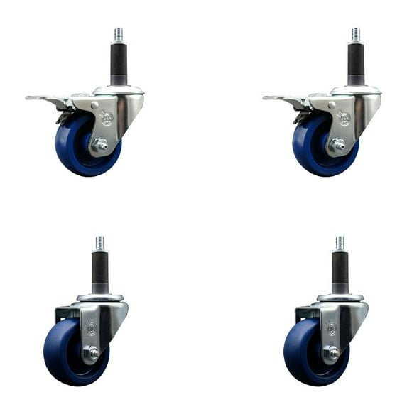3 Inch SS Solid Poly Swivel 1 Inch Expanding Stem Caster Set 2 Total Lock Brakes