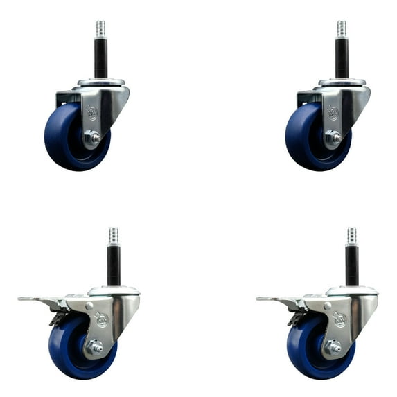 3 Inch SS Solid Poly Swivel 3/4 Inch Expanding Stem Caster Set 2 Brakes