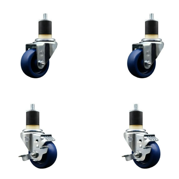 3 Inch SS Solid Poly Wheel Swivel 1-7/8 Inch Expanding Stem Caster Set 2 Brakes
