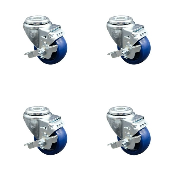 3 Inch SS Solid Polyurethane Wheel Swivel Bolt Hole Caster Set with Brake SCC