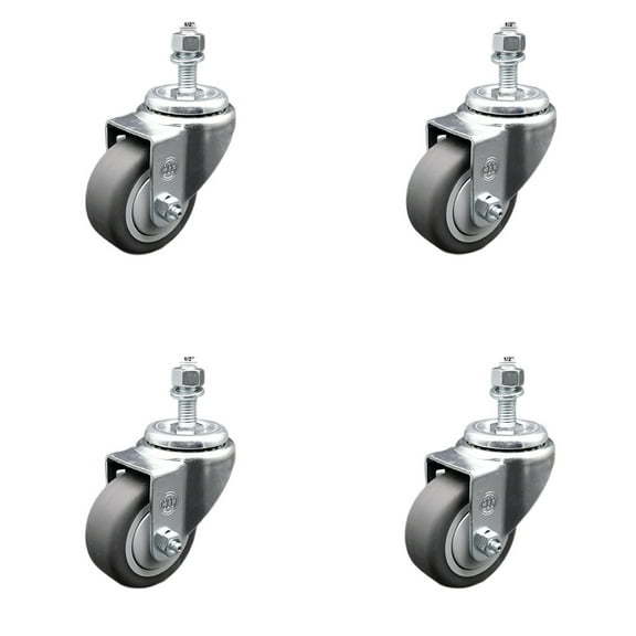 3 Inch SS Thermoplastic Rubber Swivel ½ Inch Threaded Stem Caster Set 2 Brakes
