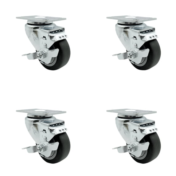 3 Inch SS Thermoplastic Rubber Swivel Top Plate Caster Set with Brake SCC