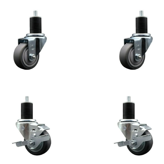 3” SS Thermo Rubber Wheel Swivel 1-3/4 Inch Expanding Stem Caster Set 2 Brakes