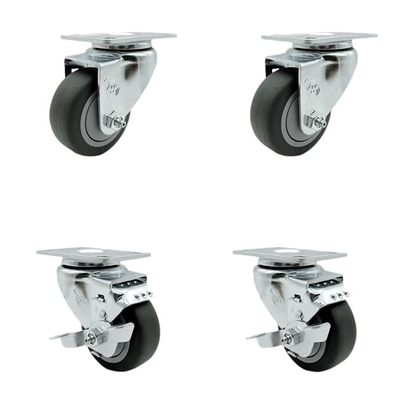 3 Inch SS Thermoplastic Rubber Wheel Swivel Top Plate Caster Set with 2 Brakes