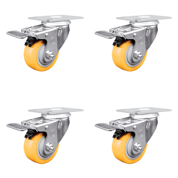 3 Inch SS Yellow Polyurethane Top Plate Caster Set Total Lock Brake SCC