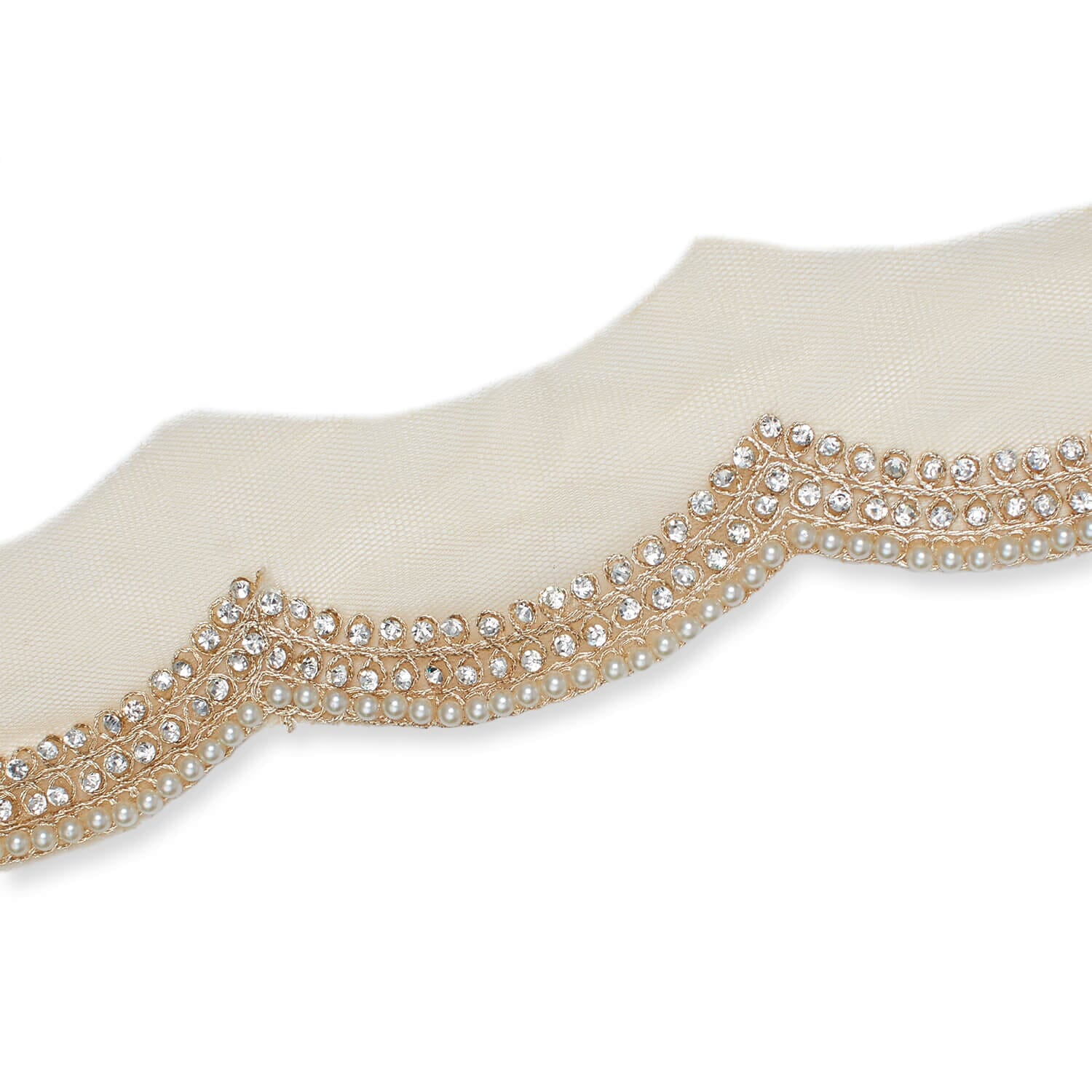 3 Inch Scalloped Regal Rhinestones Beads & Metallic Cording On Polyester Mesh Trim By The Yard For Sewing, Crafts, Decor, Or Upholstery - Beige (1 Yard)