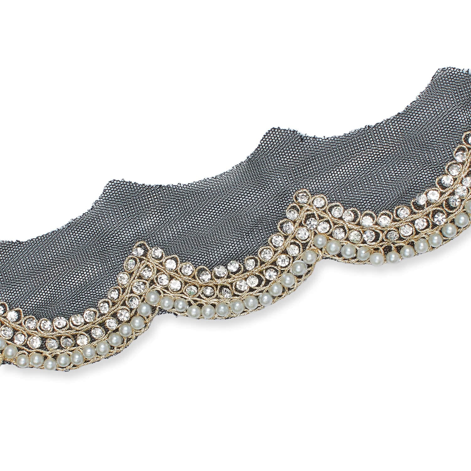 3 Inch Scalloped Regal Rhinestones Beads & Metallic Cording On Polyester Mesh Trim By The Yard For Sewing, Crafts, Decor, Or Upholstery - Black (1 Yard)