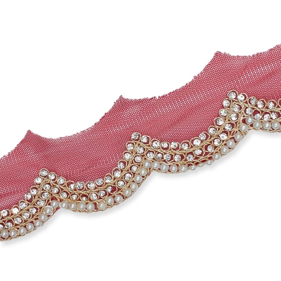 3 Inch Scalloped Regal Rhinestones Beads & Metallic Cording On Polyester Mesh Trim By The Yard For Sewing, Crafts, Decor, Or Upholstery - Burgundy (1 Yard)