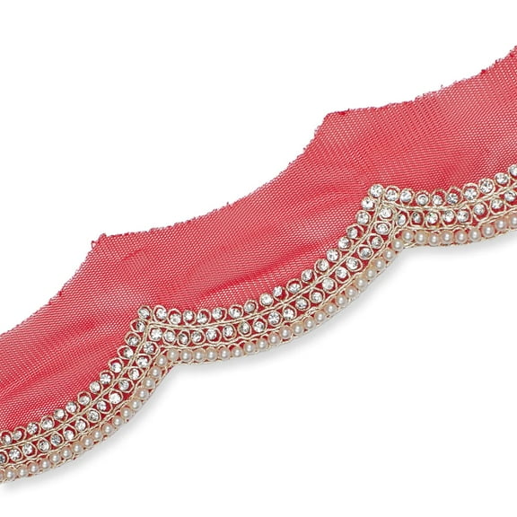 3 Inch Scalloped Regal Rhinestones Beads & Metallic Cording On Polyester Mesh Trim By The Yard For Sewing, Crafts, Decor, Or Upholstery - Red (1 Yard)