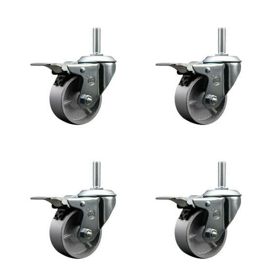 3 Inch Semi Steel Swivel 3/4 Inch Threaded Stem Caster Set with Total Lock Brake