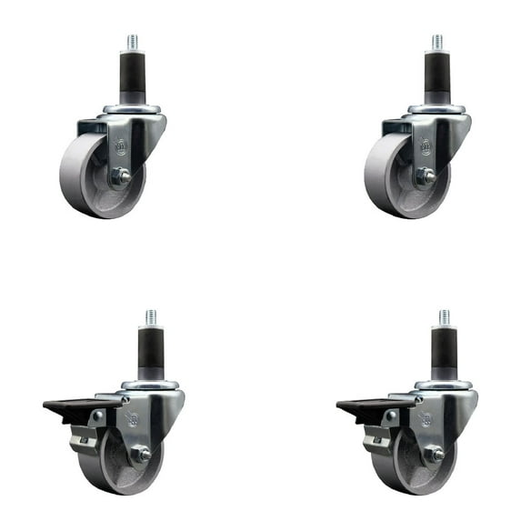 3 Inch Semi Steel Wheel Swivel 1-1/4 Inch Expanding Stem Caster Set 2 Brakes SCC