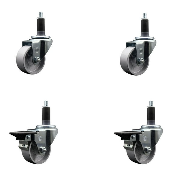 3 Inch Semi Steel Wheel Swivel 1-1/8 Inch Expanding Stem Caster Set 2 Brakes SCC