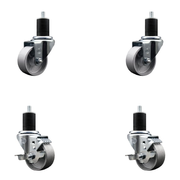 3 Inch Semi Steel Wheel Swivel 1-3/4 Inch Expanding Stem Caster Set 2 Brakes SCC