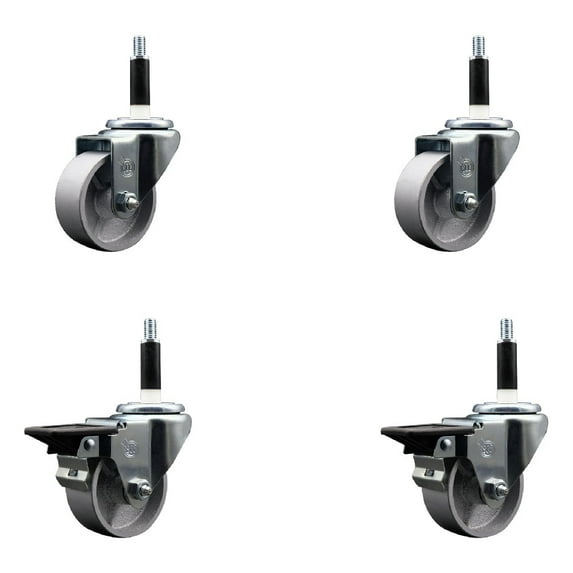 3 Inch Semi Steel Wheel Swivel 7/8 Inch Expanding Stem Caster Set 2 Brakes SCC