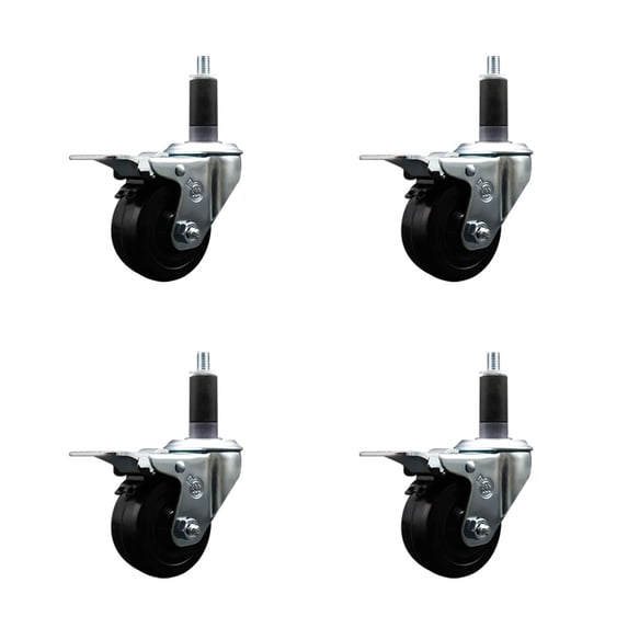 3 Inch Soft Rubber Swivel 1-1/8 Inch Expanding Stem Caster Set Total Lock Brake