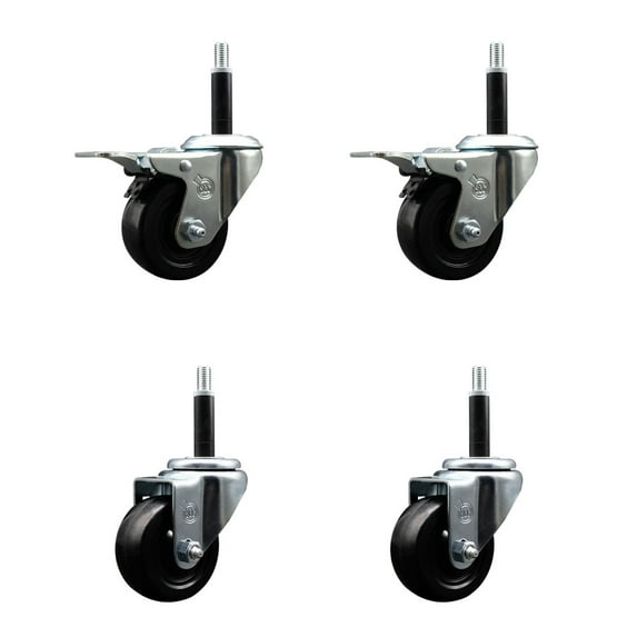 3 Inch Soft Rubber Swivel 3/4 Inch Expanding Stem Caster Set 2 Total Lock Brakes