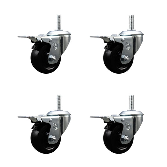 3 Inch Soft Rubber Swivel 5/8 Inch Threaded Stem Caster Set Total Lock Brake