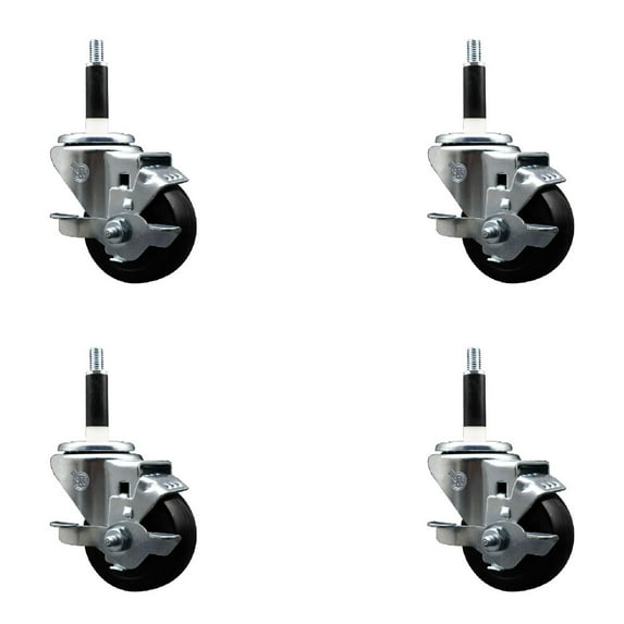 3 Inch Soft Rubber Swivel 7/8 Inch Expanding Stem Caster Set with Brake SCC