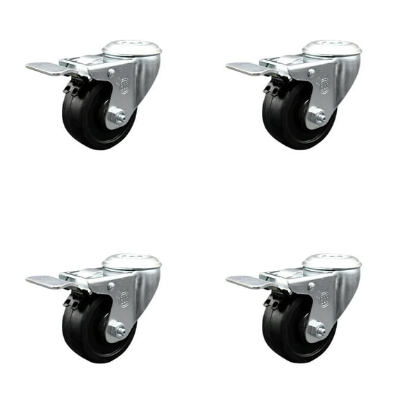 3 Inch Soft Rubber Swivel Bolt Hole Caster Set with Total Lock Brake SCC