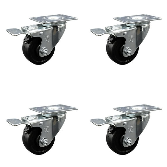 3 Inch Soft Rubber Swivel Top Plate Caster Set with Total Lock Brake SCC