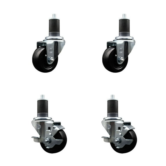 3 Inch Soft Rubber Wheel Swivel 1-5/8 Inch Expanding Stem Caster Set 2 Brakes