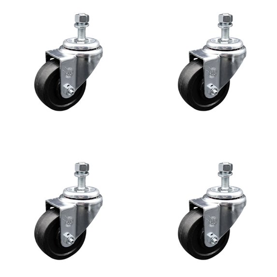 3 Inch Soft Rubber Wheel Swivel 10mm Threaded Stem Caster Set Service Caster
