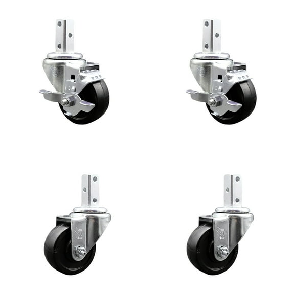 3 Inch Soft Rubber Wheel Swivel 3/4 Inch Square Stem Caster Set 2 Brakes SCC