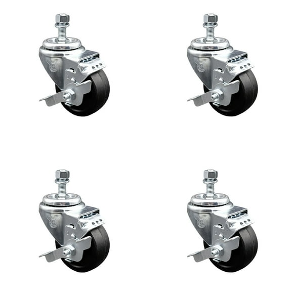 3 Inch Soft Rubber Wheel Swivel 3/8 Inch Threaded Stem Caster Set with Brake SCC