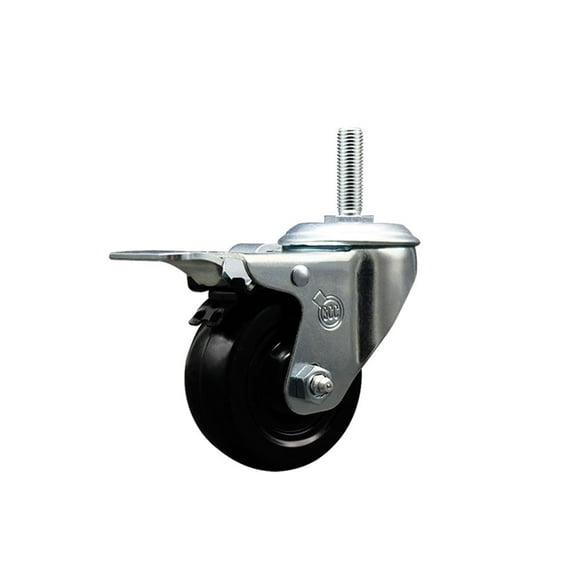 3 Inch Soft Rubber Wheel Swivel 5/8 Inch Threaded Stem Caster Total Lock Brake