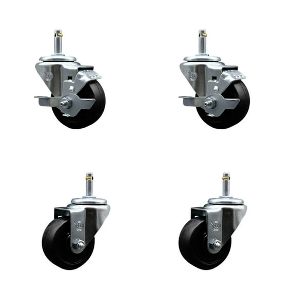 3 Inch Soft Rubber Wheel Swivel 7/16 Inch Grip Ring Stem Caster Set 2 Brakes SCC
