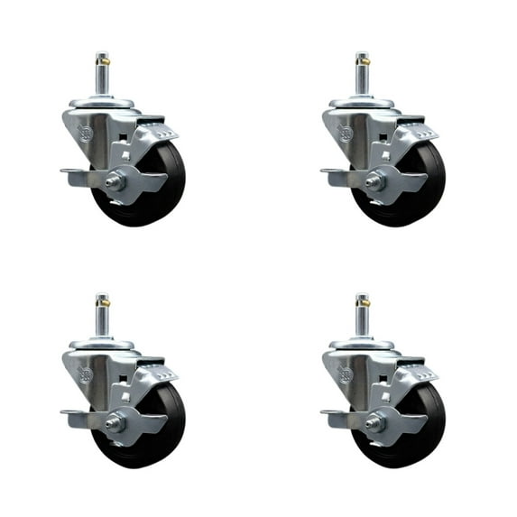 3 Inch Soft Rubber Wheel Swivel 7/16 Inch Grip Ring Stem Caster Set with Brake